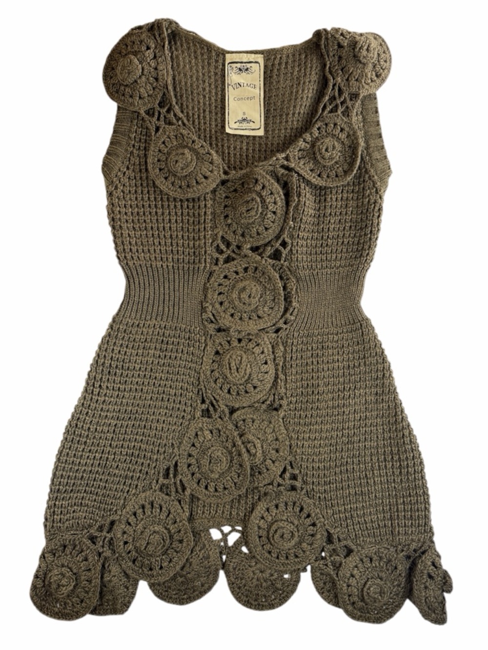 Vintage Concept Brown Crochet Floral Knit Longline Sweater Vest Wool Blend Small